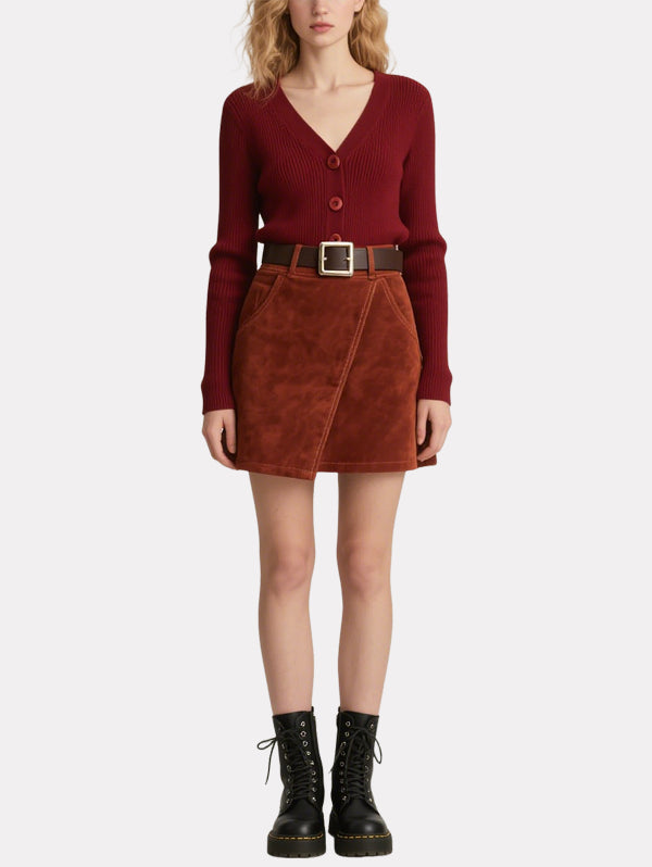 Vintage Red Knitted Cardigan Asymmetrical Skirt Suit