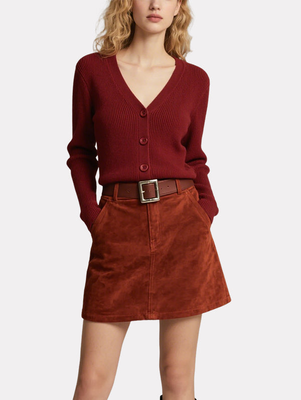 Vintage Red Knitted Cardigan with Belt Skirt Suit