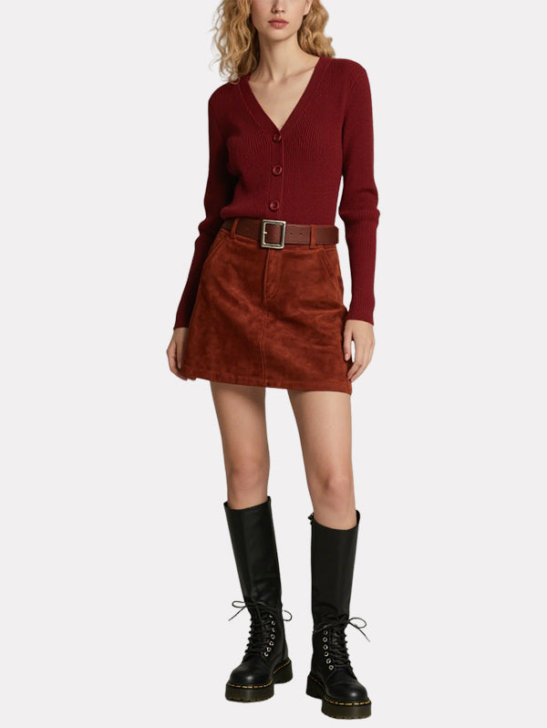 Vintage Red Knitted Cardigan with Belt Skirt Suit
