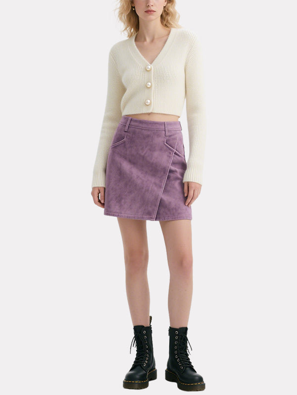 Elegant Pearl-Button Knitted Cardigan Purple Skirt Suit
