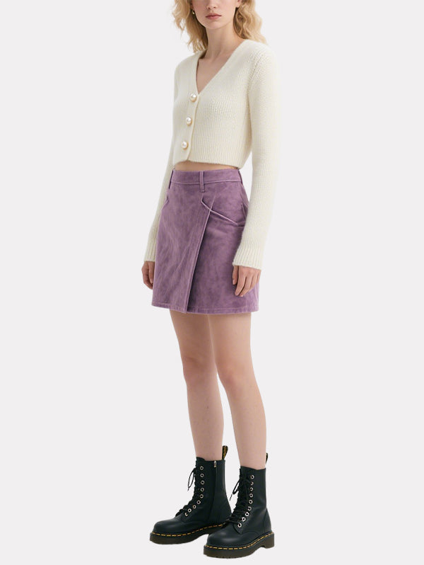Elegant Pearl-Button Knitted Cardigan Purple Skirt Suit