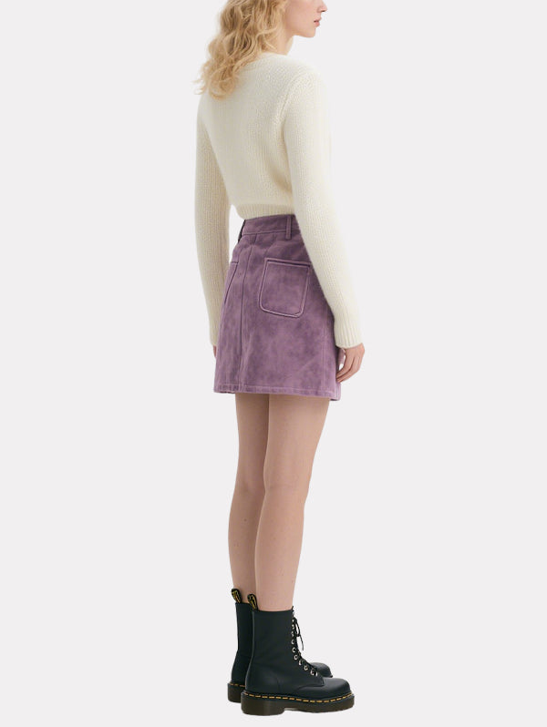 Elegant Pearl-Button Knitted Cardigan Purple Skirt Suit