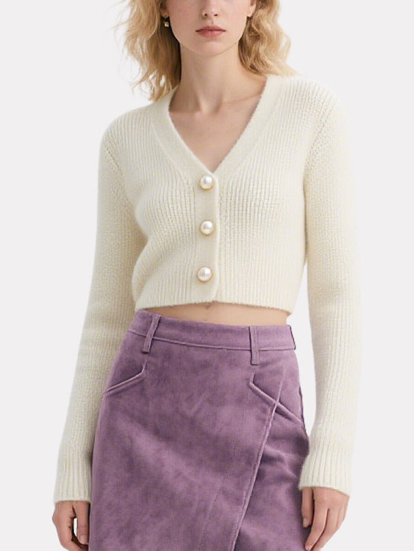 Elegant Pearl-Button Knitted Cardigan Purple Skirt Suit