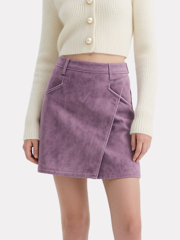 Elegant Pearl-Button Knitted Cardigan Purple Skirt Suit