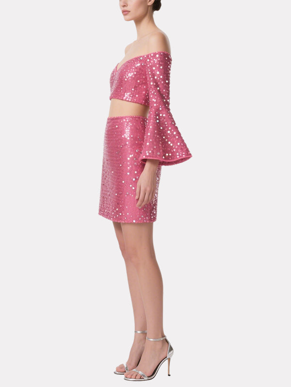 Shining Sequined Off-Shoulder Short Top Skirt Suit