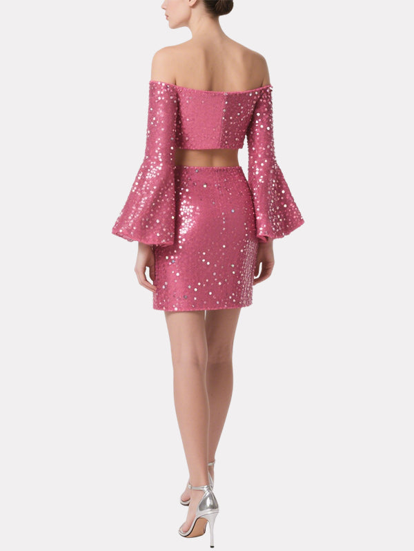 Shining Sequined Off-Shoulder Short Top Skirt Suit