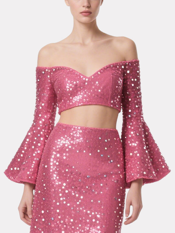 Shining Sequined Off-Shoulder Short Top Skirt Suit