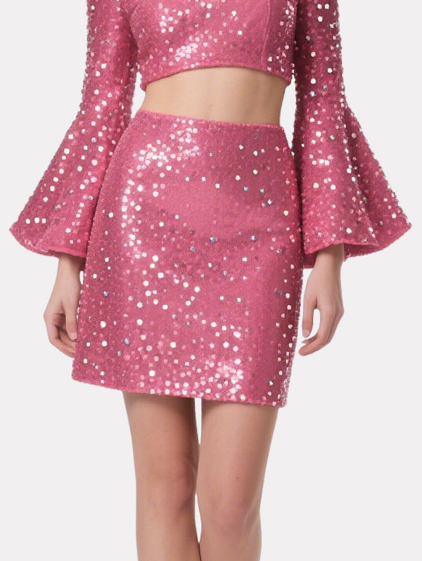 Shining Sequined Off-Shoulder Short Top Skirt Suit