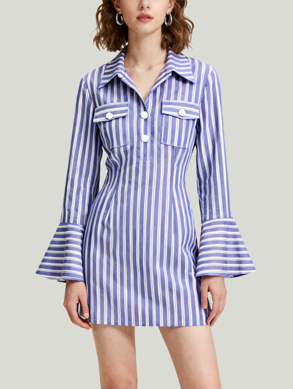 Stripe Collar Flared Sleeve Design Women's Long-Sleeve Dress
