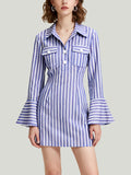 Stripe Collar Flared Sleeve Design Women's Long-Sleeve Dress