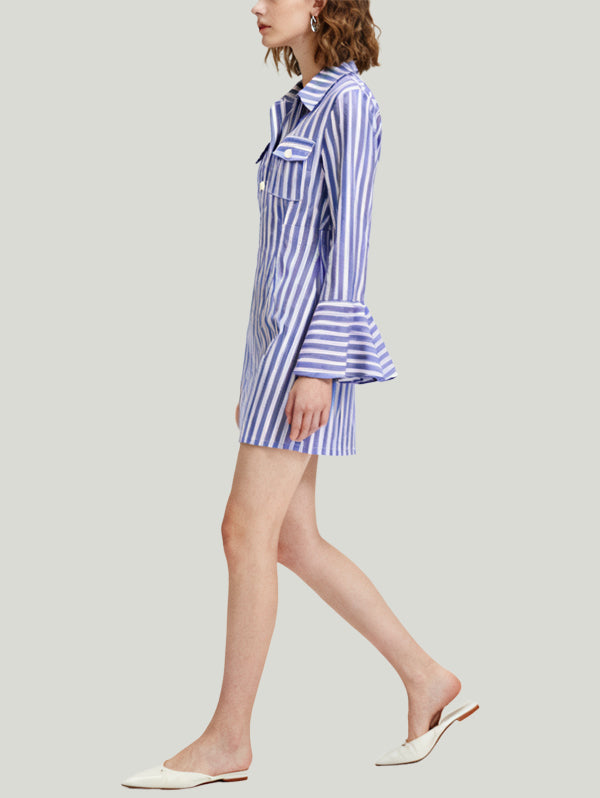 Stripe Collar Flared Sleeve Design Women's Long-Sleeve Dress