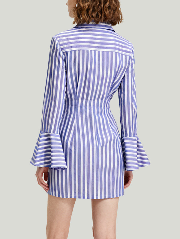 Stripe Collar Flared Sleeve Design Women's Long-Sleeve Dress