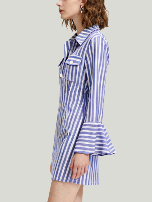 Stripe Collar Flared Sleeve Design Women's Long-Sleeve Dress