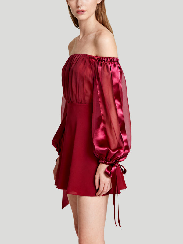 Off-the-Shoulder Tie Lantern Sleeve Design Women's Long-Sleeve Dress
