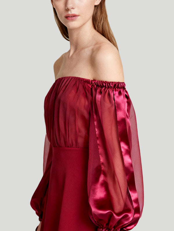 Off-the-Shoulder Tie Lantern Sleeve Design Women's Long-Sleeve Dress