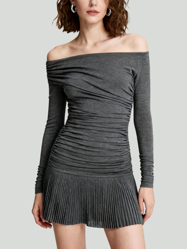 Pleated Skirt Design Elegant Unique Women's Long-Sleeve Dress