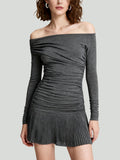 Pleated Skirt Design Elegant Unique Women's Long-Sleeve Dress