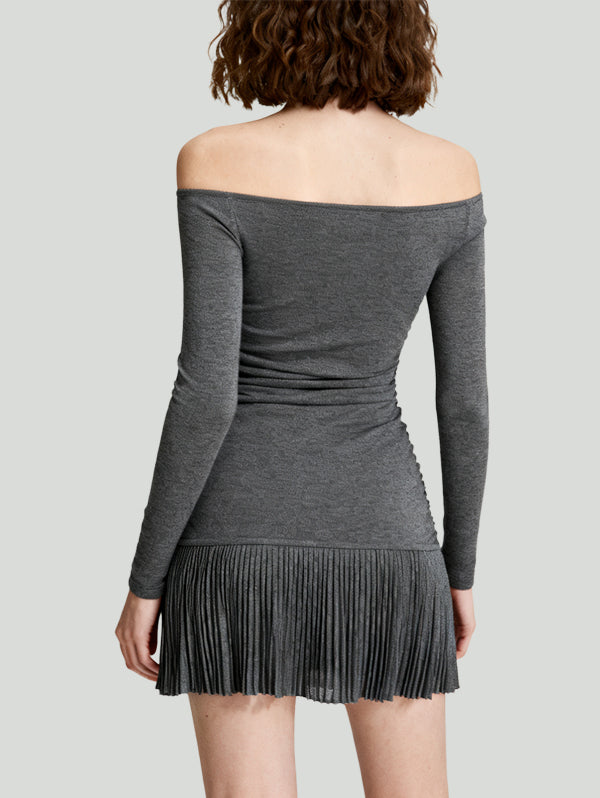 Pleated Skirt Design Elegant Unique Women's Long-Sleeve Dress