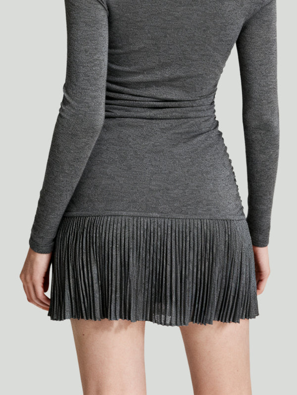 Pleated Skirt Design Elegant Unique Women's Long-Sleeve Dress