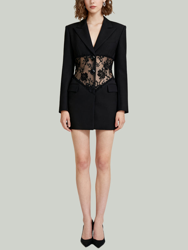 Blazer Collar Lace Paneled Design Women's Long-Sleeve Dress