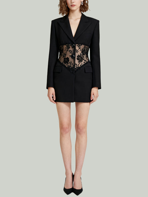 Blazer Collar Lace Paneled Design Women's Long-Sleeve Dress
