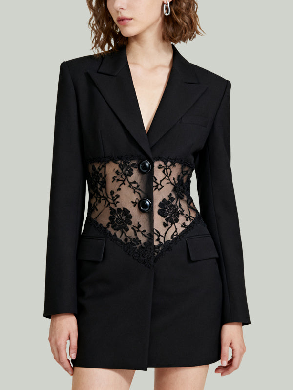 Blazer Collar Lace Paneled Design Women's Long-Sleeve Dress