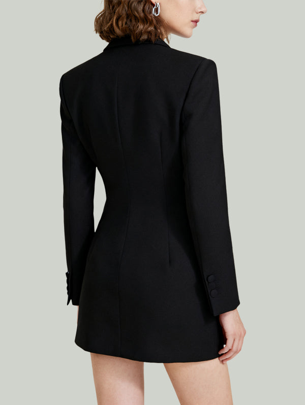 Blazer Collar Lace Paneled Design Women's Long-Sleeve Dress