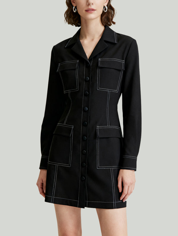 Blazer Collar Topstitch Multi-Pocket Design Women's Long-Sleeve Dress