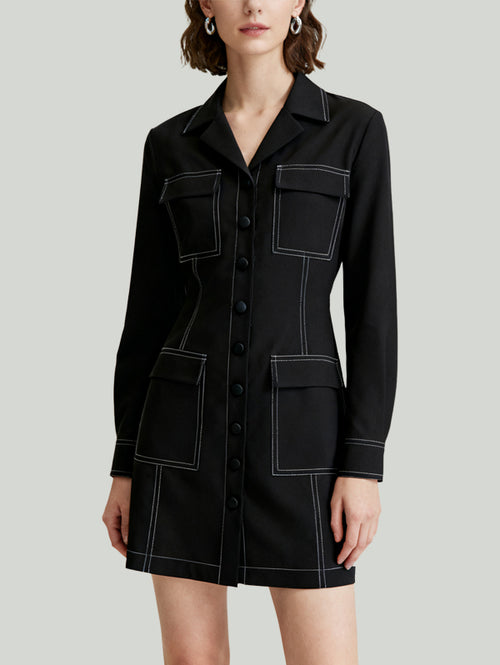 Blazer Collar Topstitch Multi-Pocket Design Women's Long-Sleeve Dress