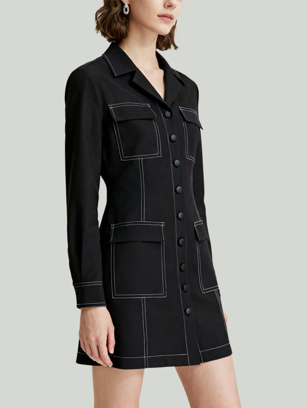 Blazer Collar Topstitch Multi-Pocket Design Women's Long-Sleeve Dress