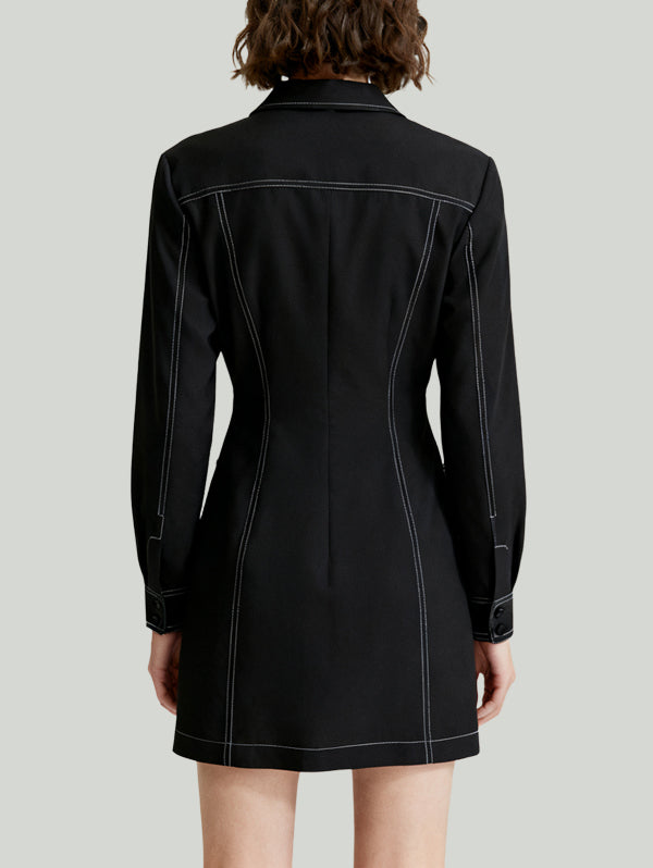 Blazer Collar Topstitch Multi-Pocket Design Women's Long-Sleeve Dress