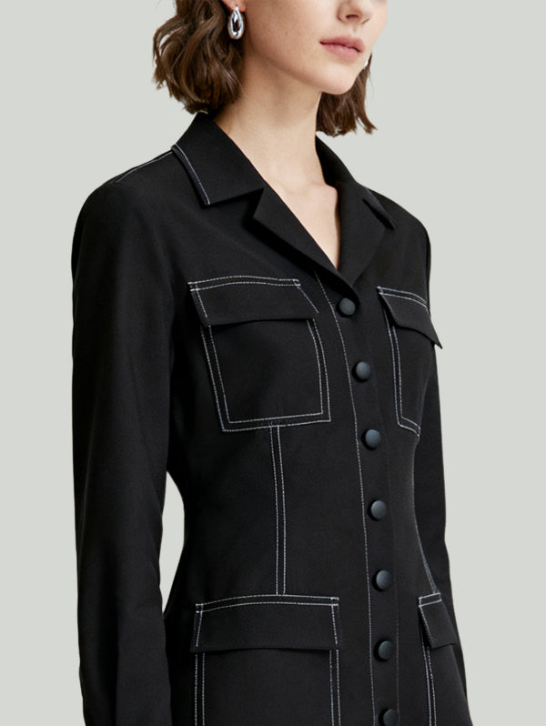 Blazer Collar Topstitch Multi-Pocket Design Women's Long-Sleeve Dress