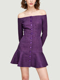 Off-the-Shoulder Single-Row Button Design Retro Playful Women's Long-Sleeve Dress