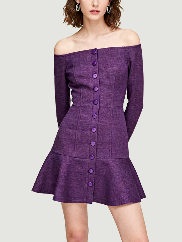 Off-the-Shoulder Single-Row Button Design Retro Playful Women's Long-Sleeve Dress