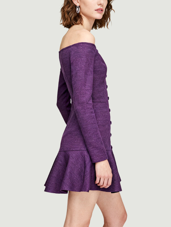 Off-the-Shoulder Single-Row Button Design Retro Playful Women's Long-Sleeve Dress