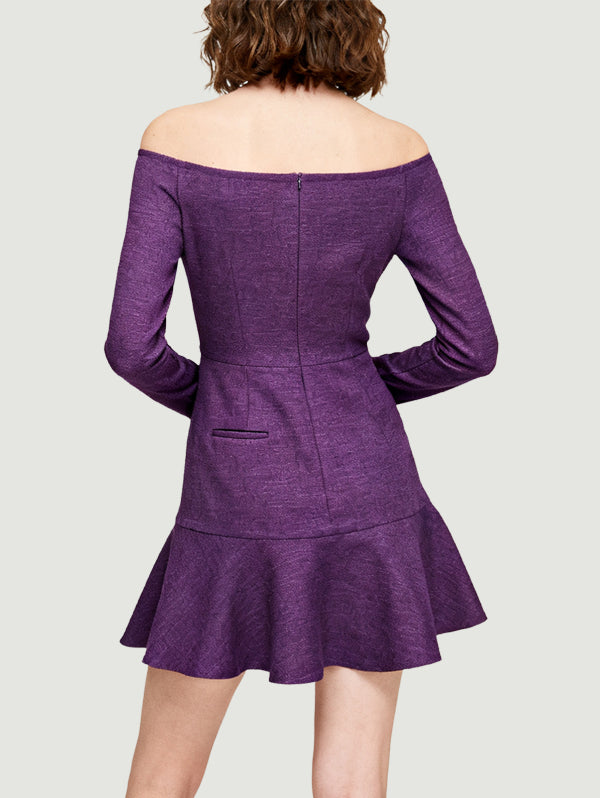 Off-the-Shoulder Single-Row Button Design Retro Playful Women's Long-Sleeve Dress