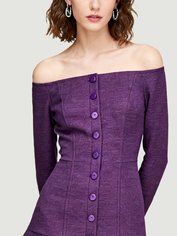 Off-the-Shoulder Single-Row Button Design Retro Playful Women's Long-Sleeve Dress