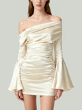 One-Shoulder Ruched Flared Sleeve Design Women's Long-Sleeve Dress