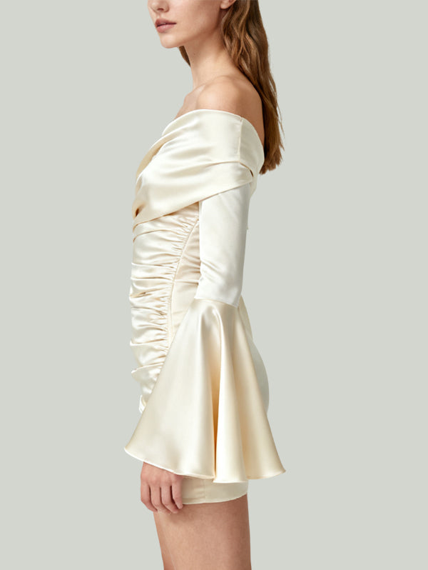 One-Shoulder Ruched Flared Sleeve Design Women's Long-Sleeve Dress