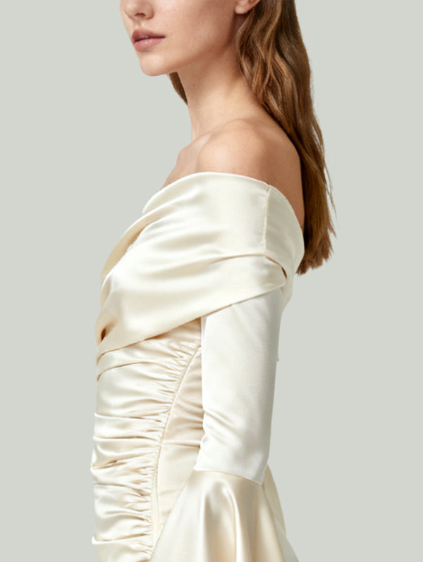 One-Shoulder Ruched Flared Sleeve Design Women's Long-Sleeve Dress