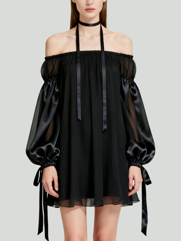 Off-Shoulder Mysterious Romantic Dark Style Women's Long-Sleeve Dress