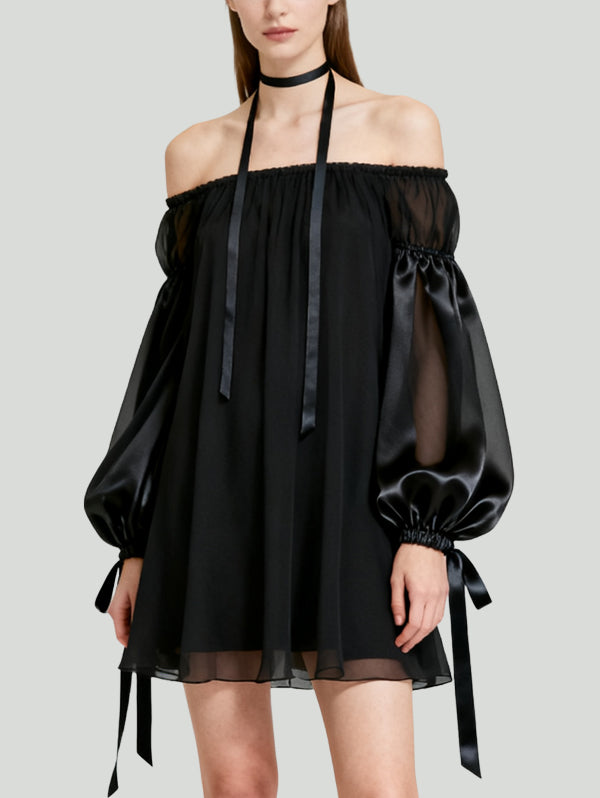 Off-Shoulder Mysterious Romantic Dark Style Women's Long-Sleeve Dress