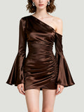 One-Shoulder Ruched Design Women's Long-Sleeve Dress