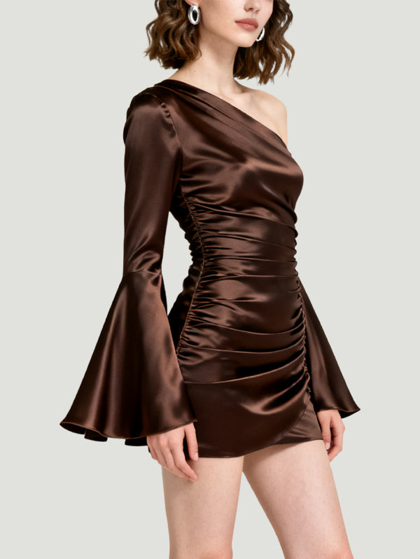 One-Shoulder Ruched Design Women's Long-Sleeve Dress