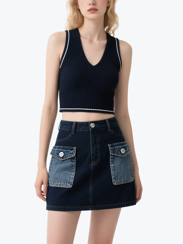 Vintage Color Matching Denim Skirt Set