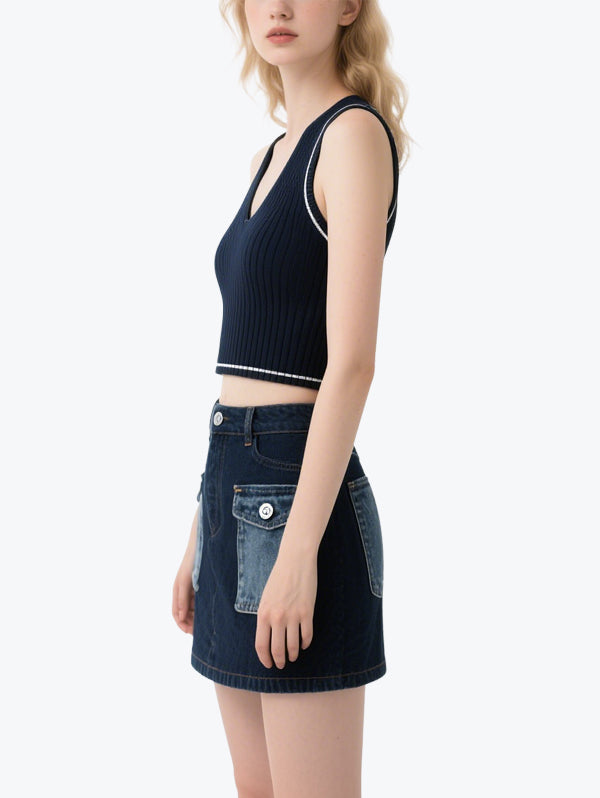 Vintage Color Matching Denim Skirt Set