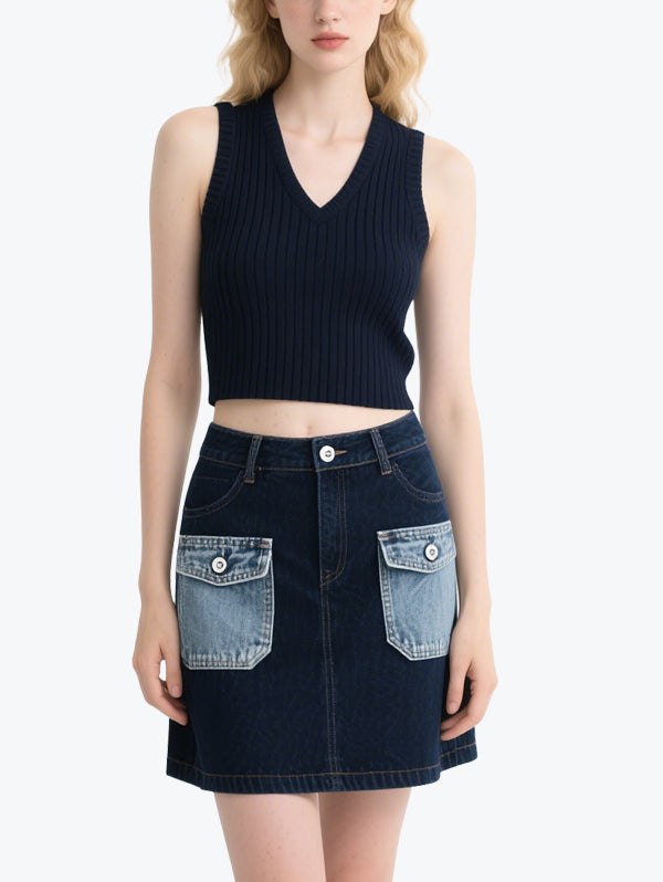 Retro Contrast Denim Skirt Set