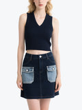 Retro Contrast Denim Skirt Set