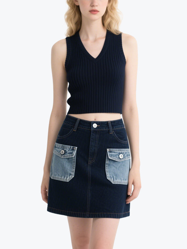 Retro Contrast Denim Skirt Set