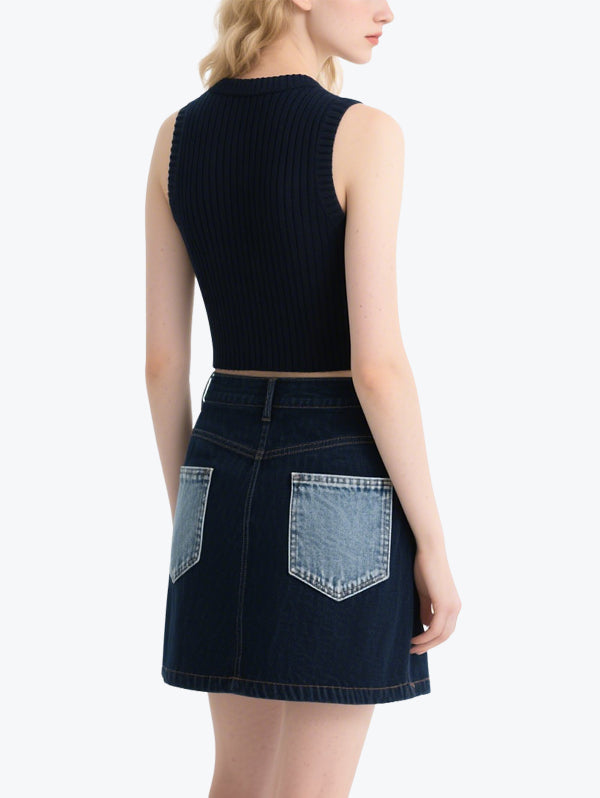 Retro Contrast Denim Skirt Set